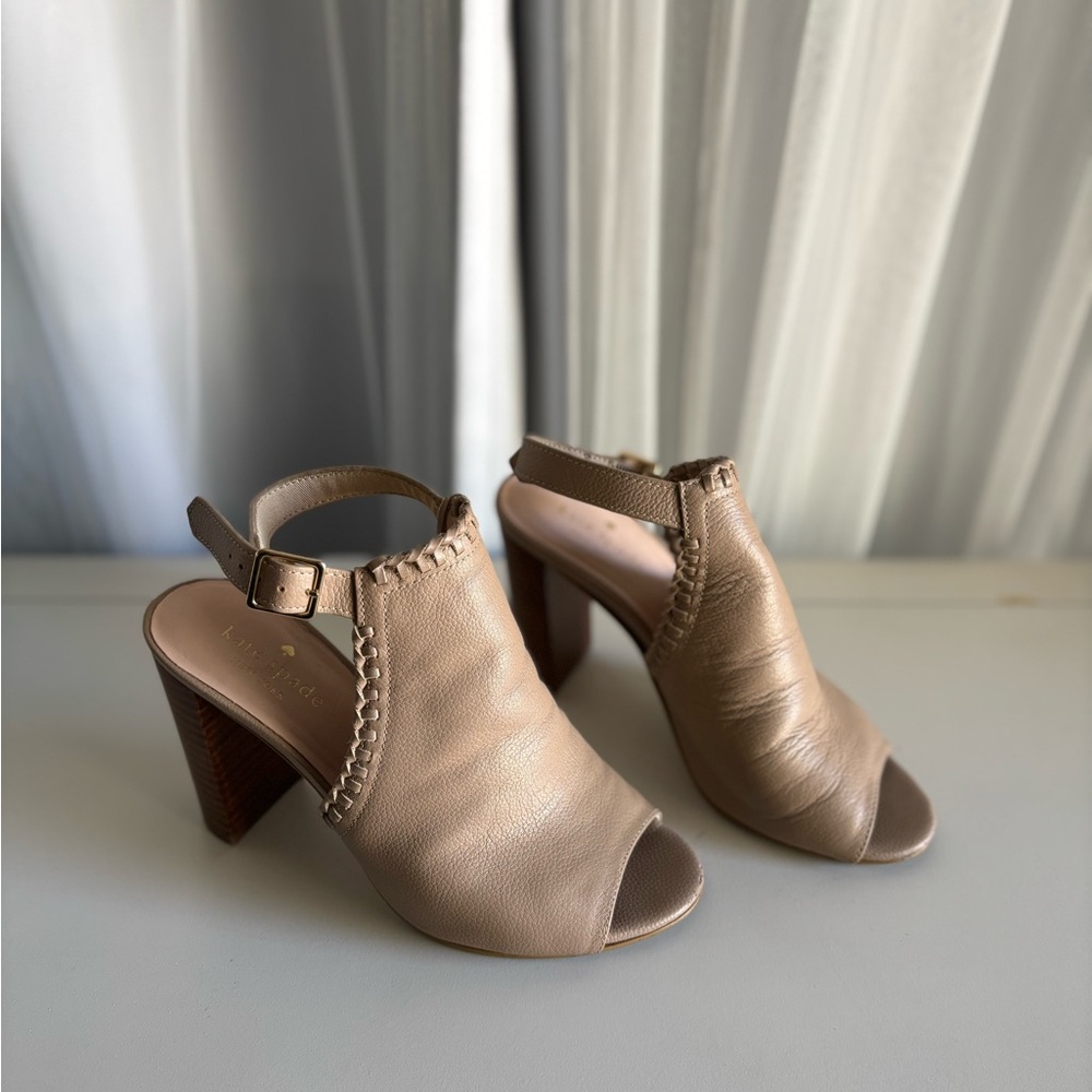 kate spade Beige Open-Toe Leather Block Heel Sandals